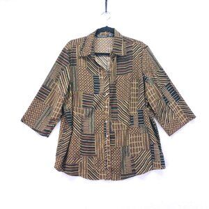 Club Z Collection Brown Geometric Fun Pattern Collar Button Down Blouse Size 1X